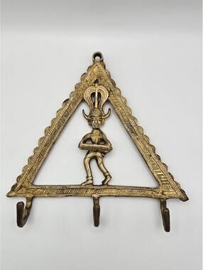 Vintage Brass Key Holder Bastar Art Style Tribal Triangle Wall Hook India Decor